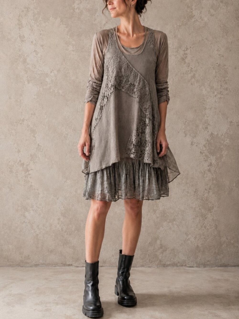 Boho Lagenlook 2 Piece Layered Dress Set Taupe Gray Lace Asymmetrical Tunic M/L